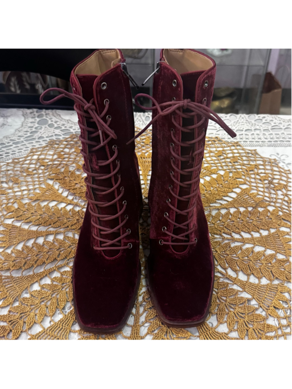 Women's Sam Edelman Burgundy Velvet Lace Up Boots